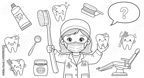 Cute Dentist Character with Dental Tools and Happy/Sad Teeth Illustrations