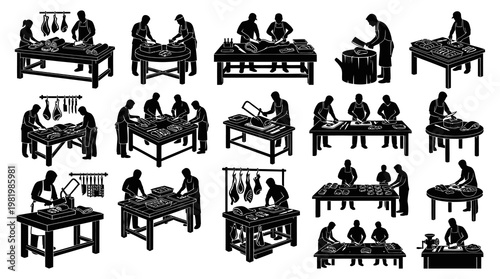 Butchers Meat Processing Industry Silhouette Icons Set. Black and White Vector.