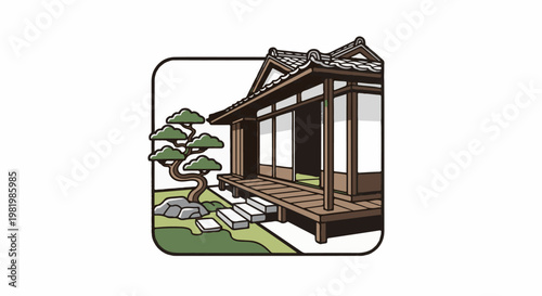 Stylized Japanese house with a bonsai tree and stone path