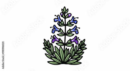 Stylized illustration of a flowering plant with blue and purple blooms and green leaves