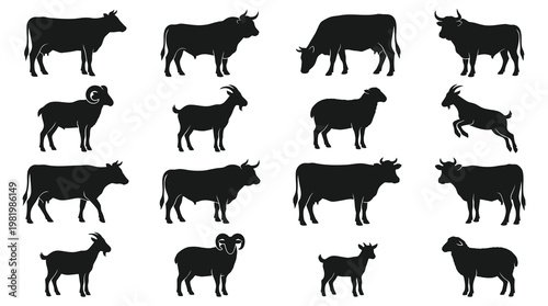 Silhouette Animals Farm Livestock Icons Set Black White