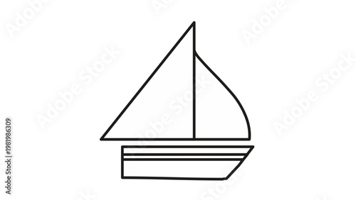 Minimalist black line vector icon of a sailboat with two sails on a white background. Simple graphic illustration of a sailing boat, yacht, or marine vessel symbol for web design and travel.