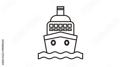 Front view vector icon of a cruise ship or ocean liner sailing on waves, minimalist black line art illustration of a large passenger vessel for travel, vacation, and maritime transport symbol.