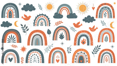 Large collection of boho-style rainbows in various colors and patterns decorated with birds clouds moons stars and botanical leaves.