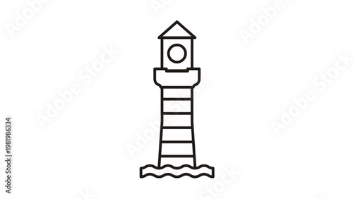 Minimalist black line art vector icon of a striped lighthouse with a lantern room standing on ocean waves, isolated on white background, perfect for nautical, maritime, and travel illustrations.