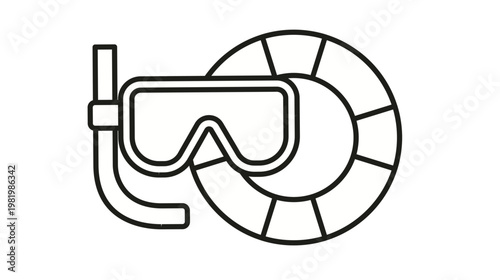 Black line art vector icon illustration of a diving mask with a snorkel and a lifebuoy, representing swimming, snorkeling, water safety, and summer vacation activities on a white background.