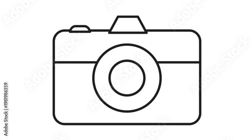 Minimalist black line art vector icon illustration of a digital DSLR photo camera with lens, viewfinder, and shutter button, isolated on white for photography, media, and technology design.