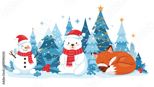 Winter wonderland scene featuring a snowman, a polar bear, and a sleeping fox among decorated christmas trees and berries.
