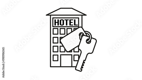 Minimalist black and white vector icon illustration of a hotel building with a room key and keychain tag, representing travel, accommodation, hospitality, and lodging services symbol.