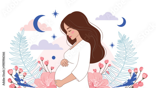 Beautiful illustration of a pregnant woman in a white dress standing among blooming pink flowers and celestial elements.