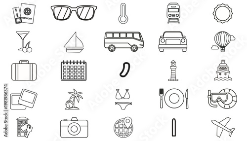 25 Minimalist Black Vector Icon Set Bundle for Travel, Tourism, and Lifestyle. Includes Airplane, Train, Camera, Passport, Hotel, Food, Transport, and Vacation Symbols for Web and Graphic Design.