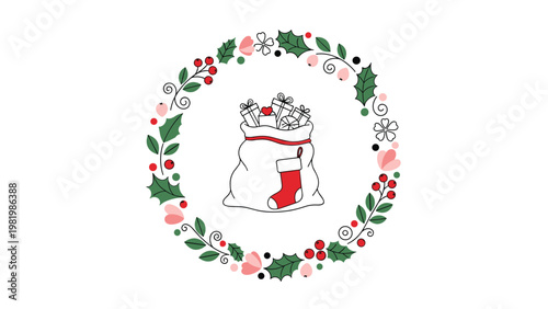 Festive christmas wreath made of holly leaves and berries surrounding a santa sack filled with gifts and a holiday stocking.