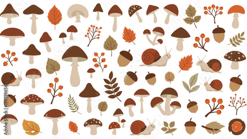 Autumn forest floor pattern featuring various mushrooms, fallen leaves, acorns, snails, and berry branches on white.