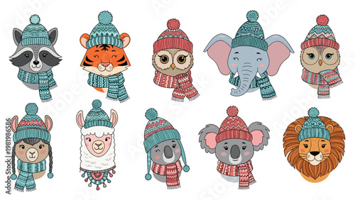 Adorable set of wild animals like tiger and elephant wearing colorful knit winter hats and matching scarves for the cold.