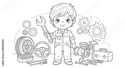 Cute Mechanic Boy Holding Wrench, Surrounded by Car Parts and Tools