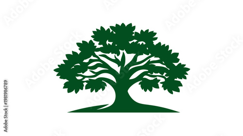 Stylized green tree illustration, iconic broadleaf design symbolizing nature, growth, and environment on white background.