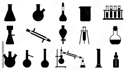 Chemistry Laboratory Glassware and Equipment Silhouettes Icon Set