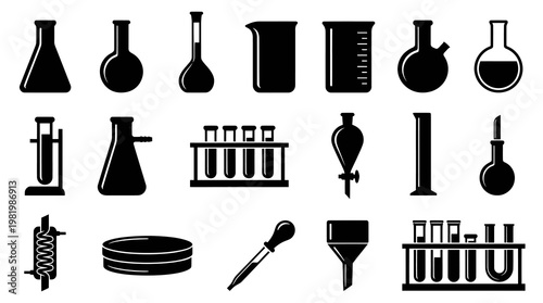 Science Laboratory Glassware and Equipment Icons Set - Black  White Glyph Vector Silhouettes