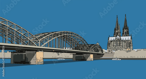 Stylized river scene featuring a large steel bridge arching over blue water, with gothic cathedral spires in background