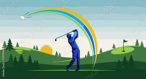 Stylized golfer swings club, sending ball airborne across colorful arc