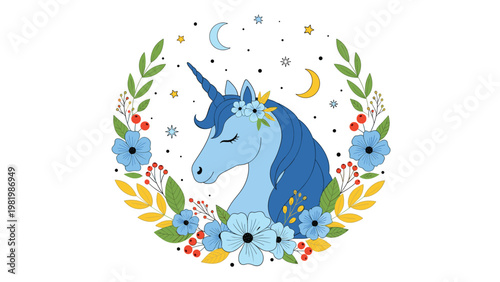 Blue unicorn profile within a lush floral wreath of blossoms and berries under a starry night sky with a crescent moon.