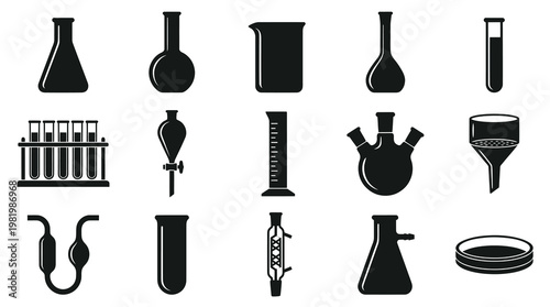 Science and Chemistry Lab Glassware Equipment Black Silhouette Glyph Icons Set