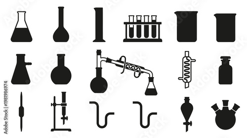 Science Laboratory Glassware  Equipment Icons Set - Black  White Glyph