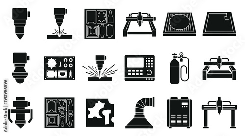 Industrial CNC Laser Plasma Cutting Fabrication Glyph Icons Set