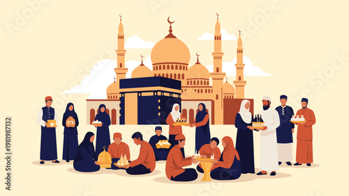 Group of muslim people celebrating ramadan by sharing food and gifts in front of a mosque and the holy kaaba in mecca.