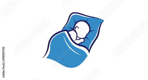 Stylized depiction of a sleeping baby nestled in a blue blanket and pillow