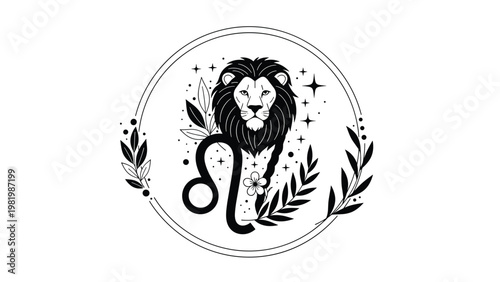 Zodiac sign leo represented by a stylized lion head and astrology symbol surrounded by a circular floral wreath.
