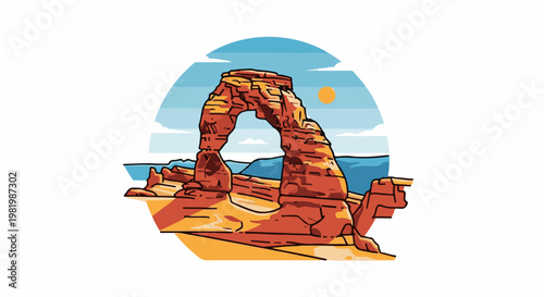 Stylized sandstone arch set against a layered blue sky and distant mountains