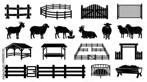 Agriculture Farm Livestock Icons Set: Animals, Fences, Gates, Pens, Shelters, Feeders Black Glyphs.