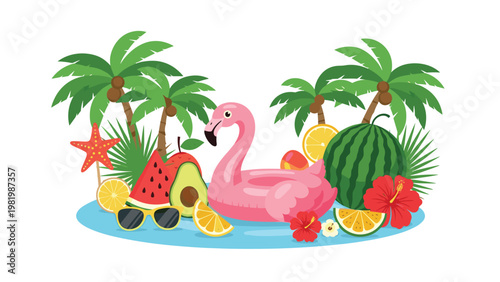 Summer tropical paradise scene with palm trees, a pink flamingo floatie, fresh fruit, sunglasses, and hibiscus flowers.