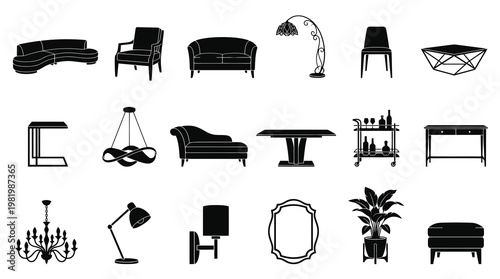 Black  White Furniture Icons: Sofa, Chair, Table, Lamp, Chandelier, Plant