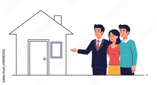 Real estate agent showing house to potential buyers illustration
