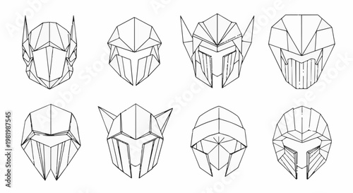 Stylized schematic drawings of eight different angular, geometric helmet designs