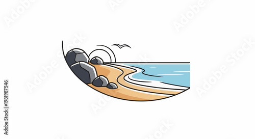 Stylized seaside scene with rocks, sand, sea, and a bird in flight