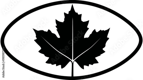 A black silhouette of a maple leaf within a white oval enclosed by a thicker black outline