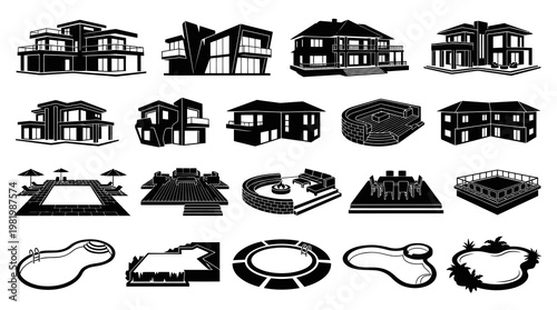 Modern House and Outdoor Living Icons - Black and White Architectural Set