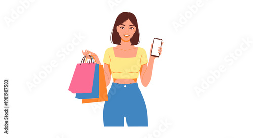 Woman shopping online with smartphone and shopping bags isolated