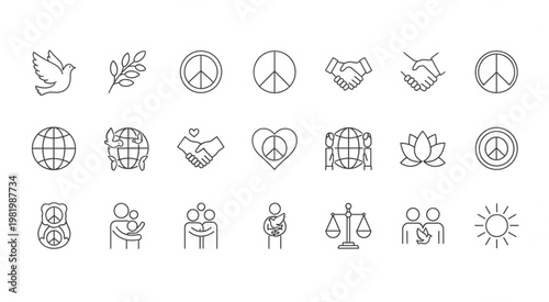 Collection of peace symbols and related icons representing unity and harmony.