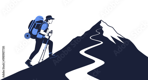 Hiker ascending mountain path with backpack and poles against white backdrop