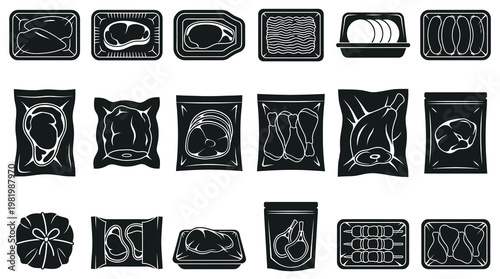 Meat Packaging Icons Set. Black  White Glyph Style for Food Industry Products