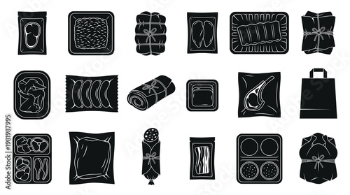 Food Industry Packaged Meat Glyph Icons Set - Grocery Products  Butchery