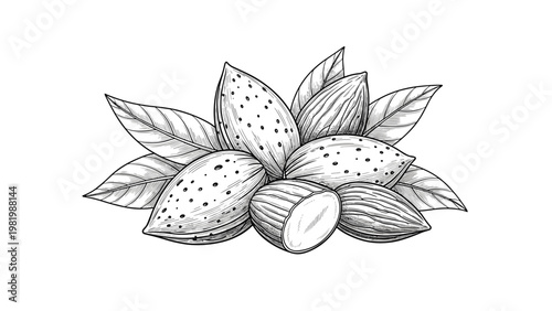 Realistic black and white ink sketch of a cluster of almond nuts with their textured shells and accompanying leaves on white background.