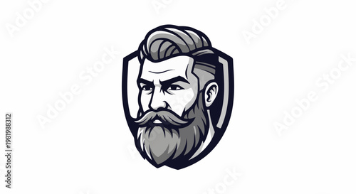 Stylized graphic of a man's head with a beard and mustache inside a shield outline