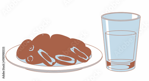 Dates on plate beside glass of water simple vector illustration for design