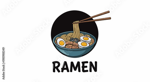 Stylized drawing of ramen with chopsticks, eggs, and meat in a bowl