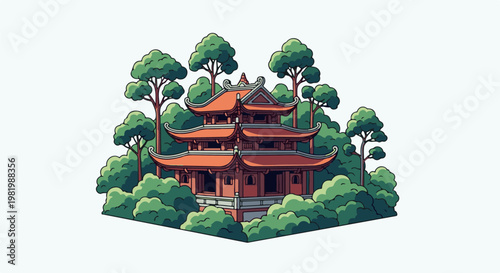 Stylized pixel art pagoda structure nestled within lush green foliage